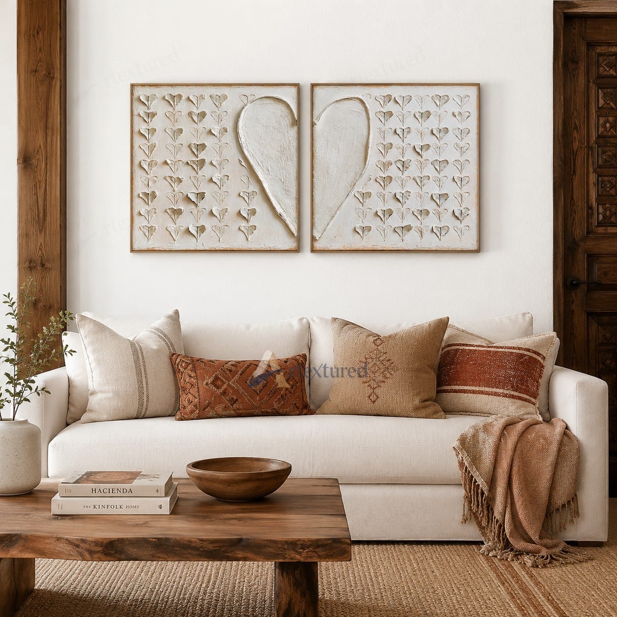 Minimalist Heart Diptych Textured Wall Art – Hand-Painted Square Canvas#XW12006