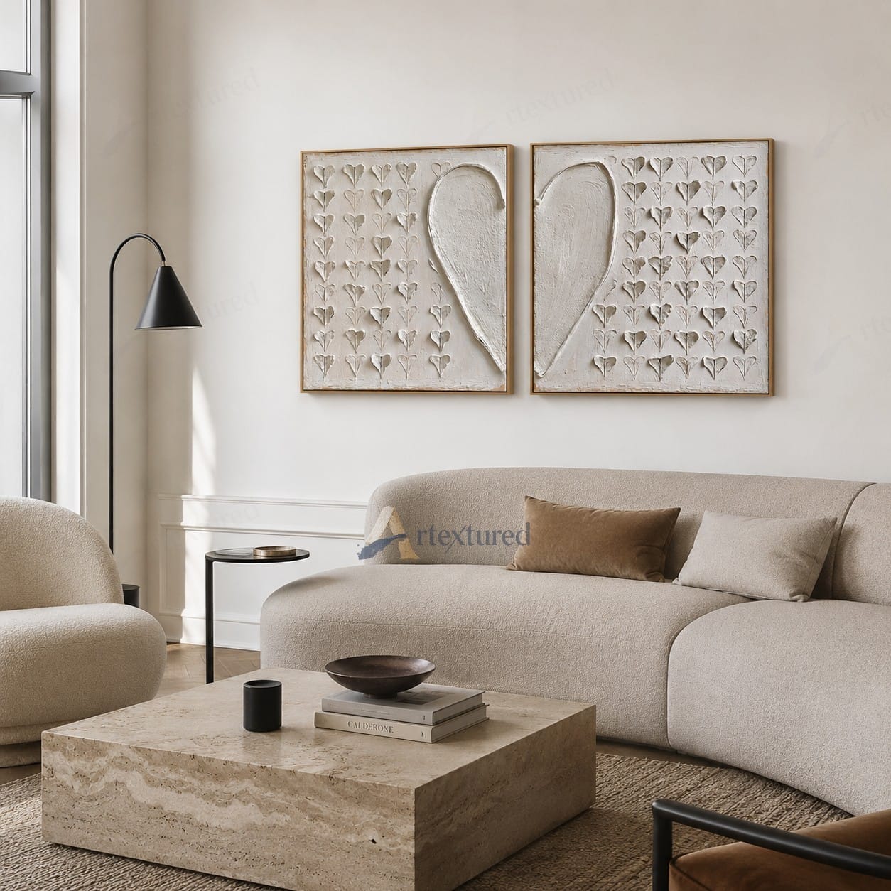 Minimalist Heart Diptych Textured Wall Art – Hand-Painted Square Canvas#XW12006