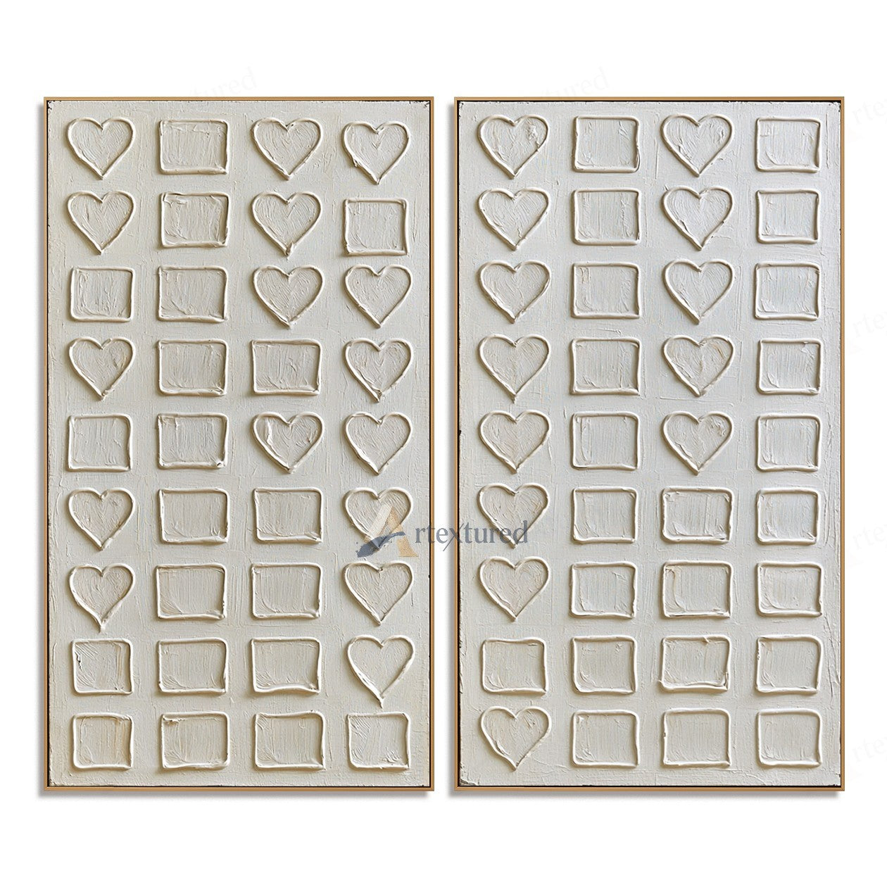 Minimalist Heart Grid Textured Wall Art – Hand-Painted Diptych Canvas#XW12007