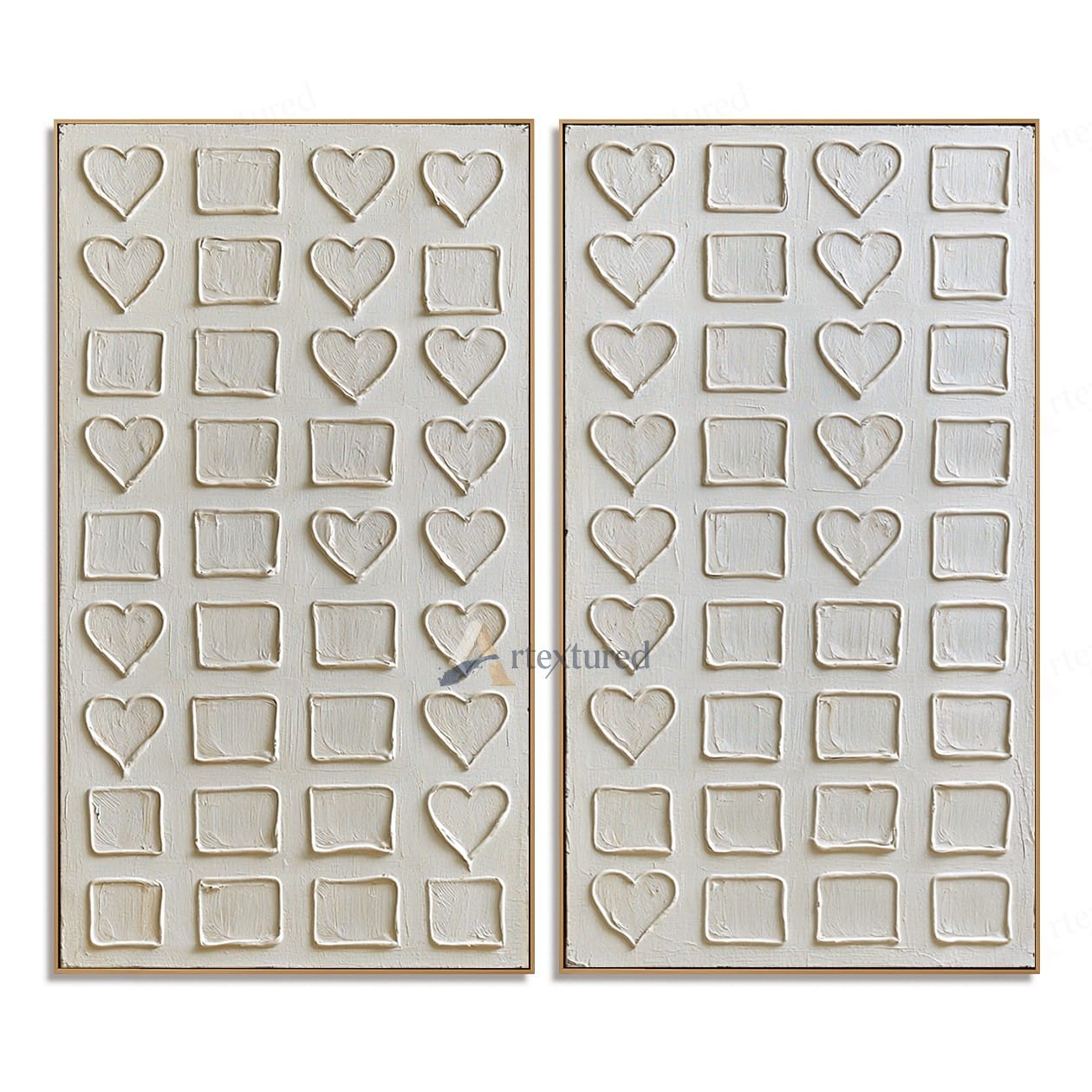 Minimalist Heart Grid Textured Wall Art – Hand-Painted Diptych Canvas#XW12007