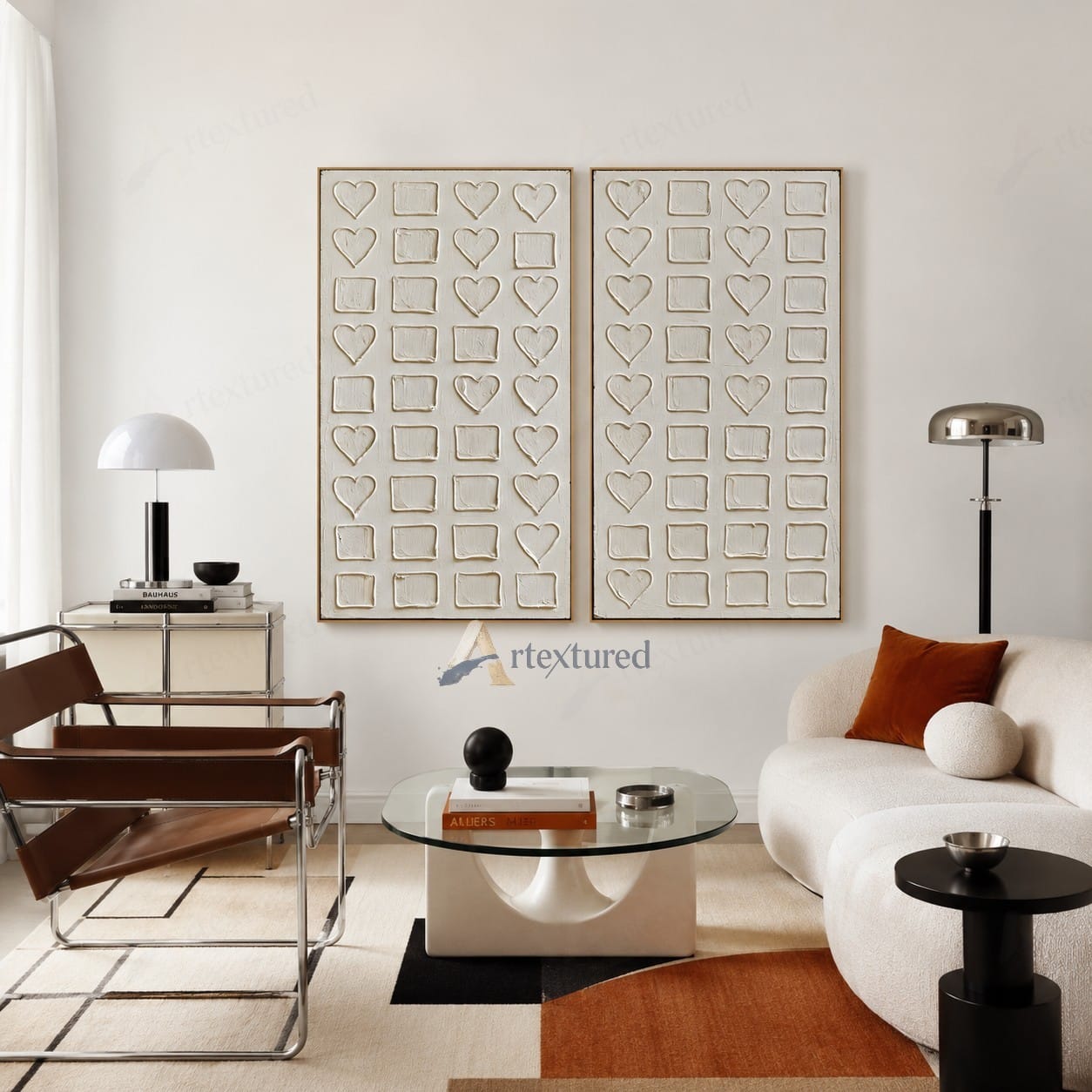 Minimalist Heart Grid Textured Wall Art – Hand-Painted Diptych Canvas#XW12007