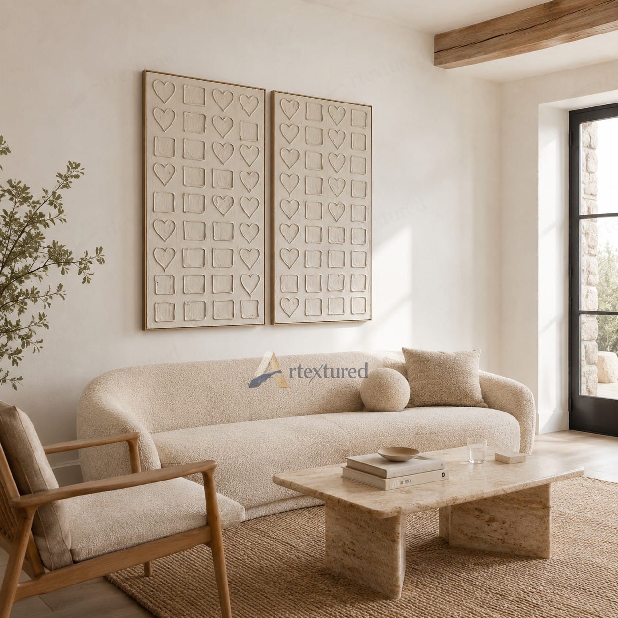 Minimalist Heart Grid Textured Wall Art – Hand-Painted Diptych Canvas#XW12007