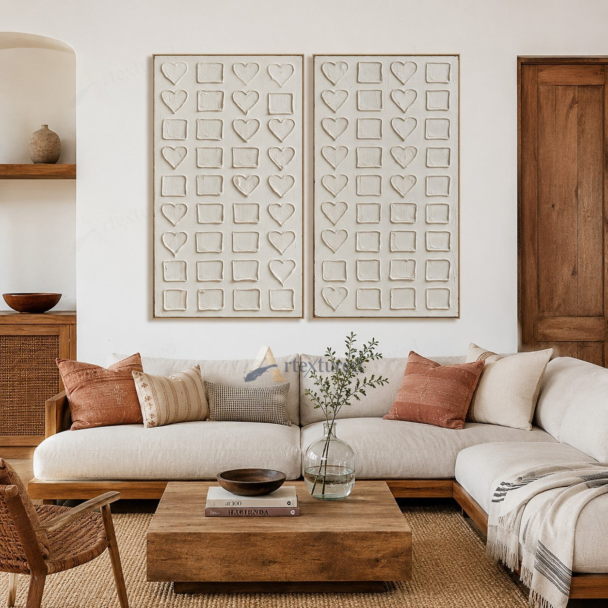 Minimalist Heart Grid Textured Wall Art – Hand-Painted Diptych Canvas#XW12007