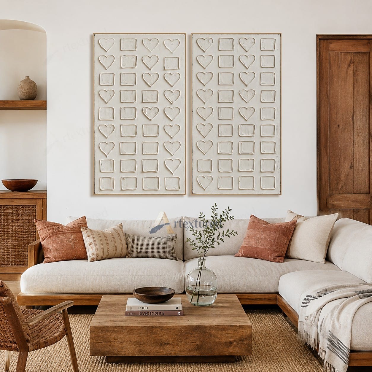 Minimalist Heart Grid Textured Wall Art – Hand-Painted Diptych Canvas#XW12007