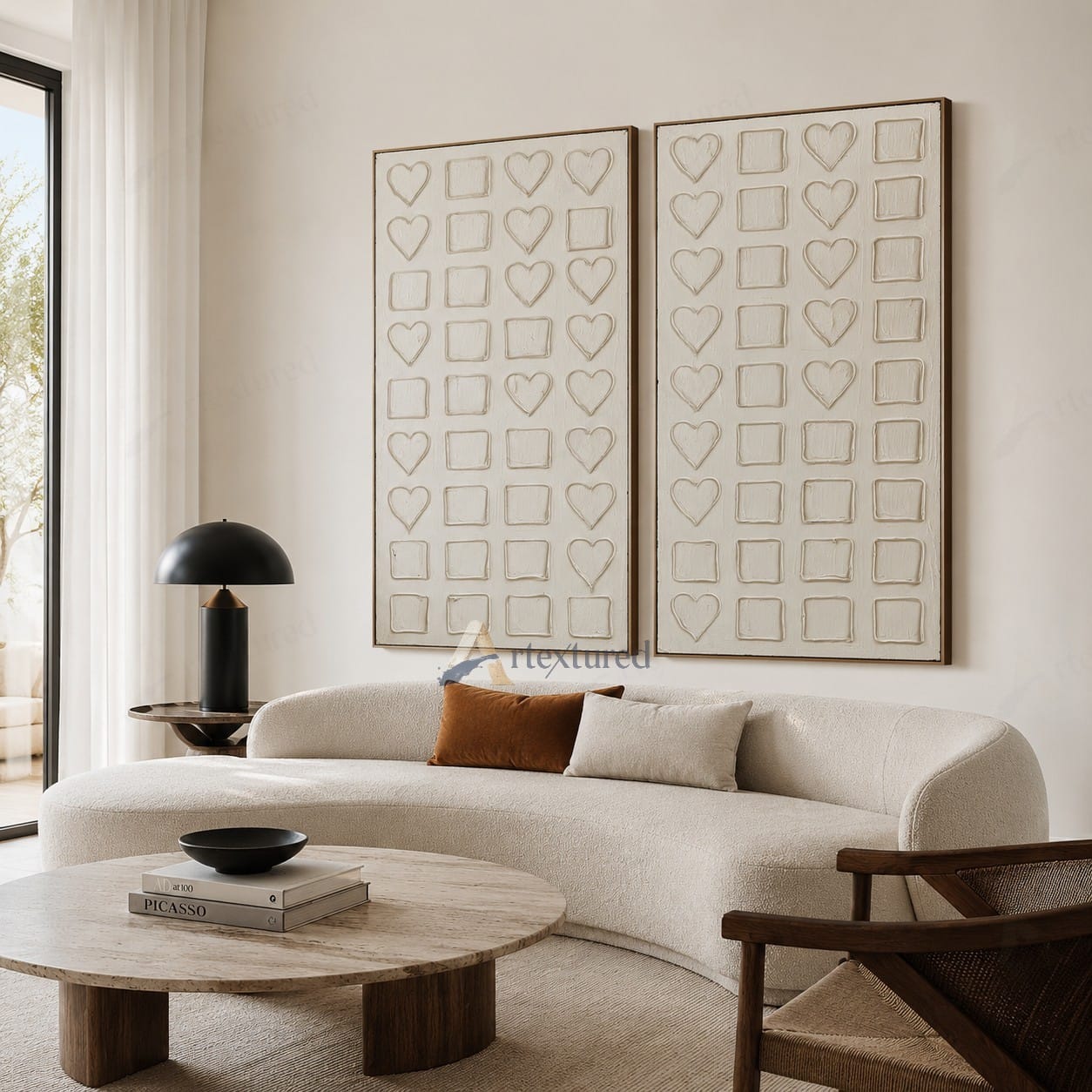 Minimalist Heart Grid Textured Wall Art – Hand-Painted Diptych Canvas#XW12007
