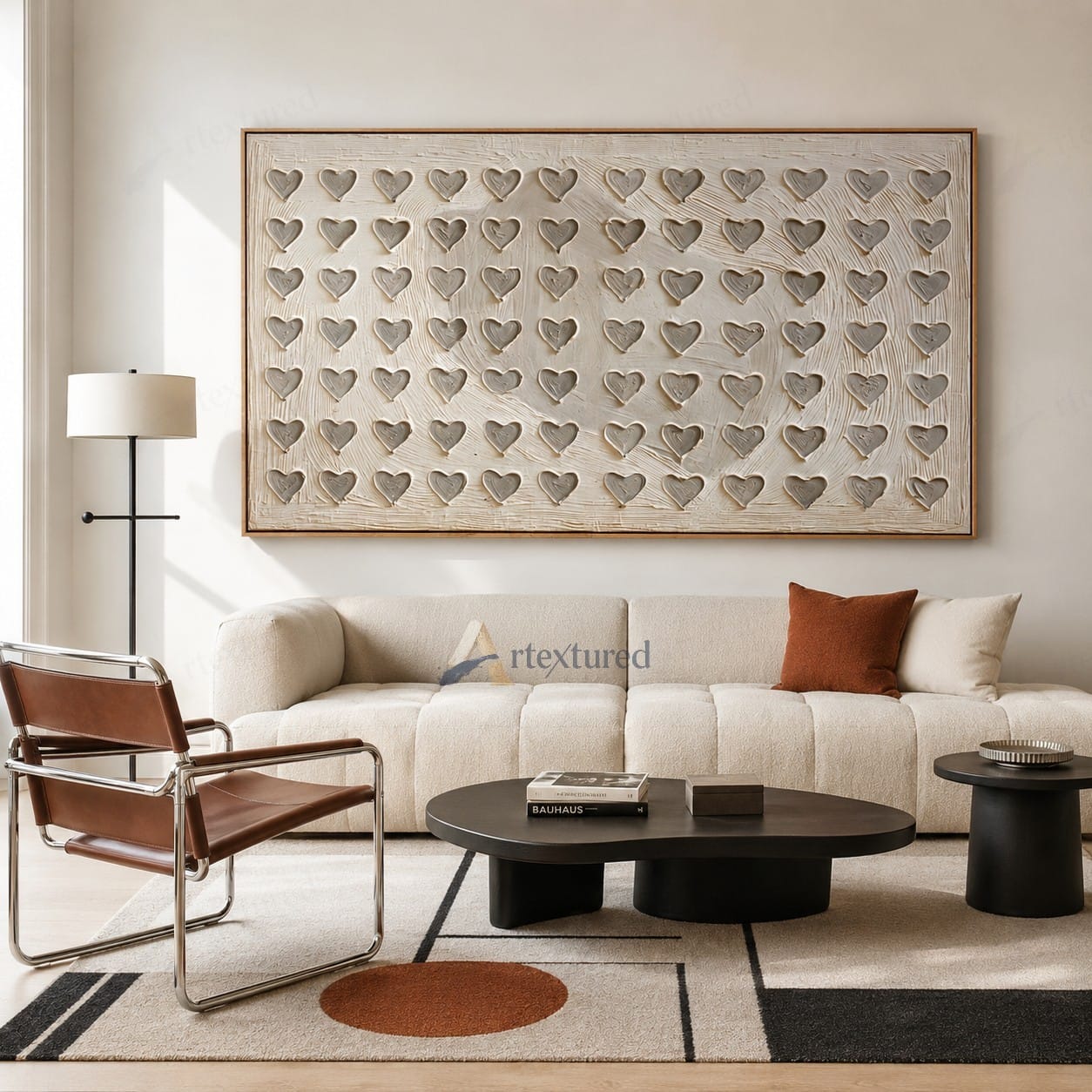Minimalist Heart Pattern Textured Wall Art – Hand-Painted Ivory Canvas#XW12009