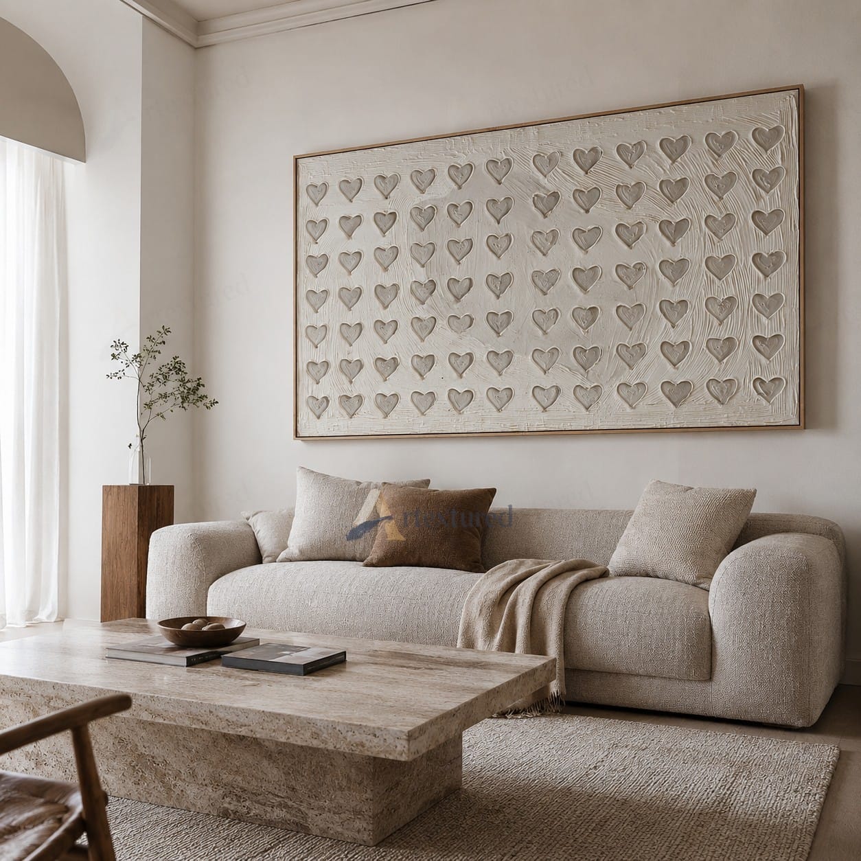 Minimalist Heart Pattern Textured Wall Art – Hand-Painted Ivory Canvas#XW12009