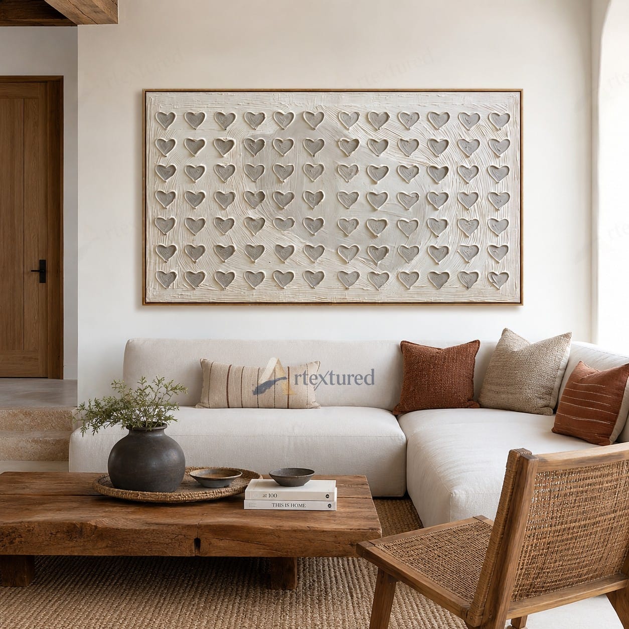 Minimalist Heart Pattern Textured Wall Art – Hand-Painted Ivory Canvas#XW12009