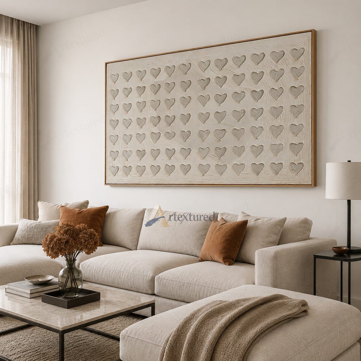 Minimalist Heart Pattern Textured Wall Art – Hand-Painted Ivory Canvas#XW12009