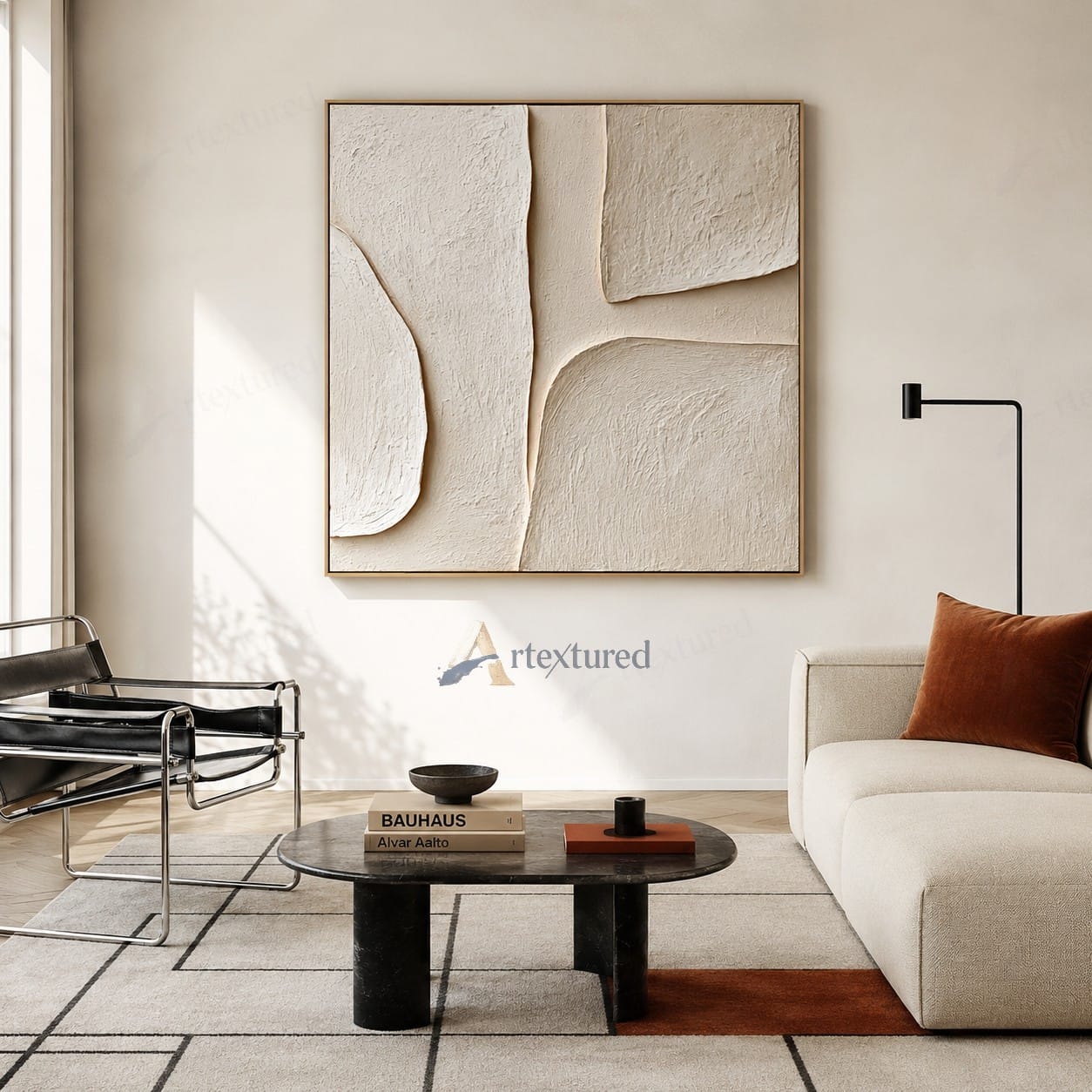 Minimalist Ivory Geometric Textured Wall Art – Hand-Painted Abstract Canvas#XW12010