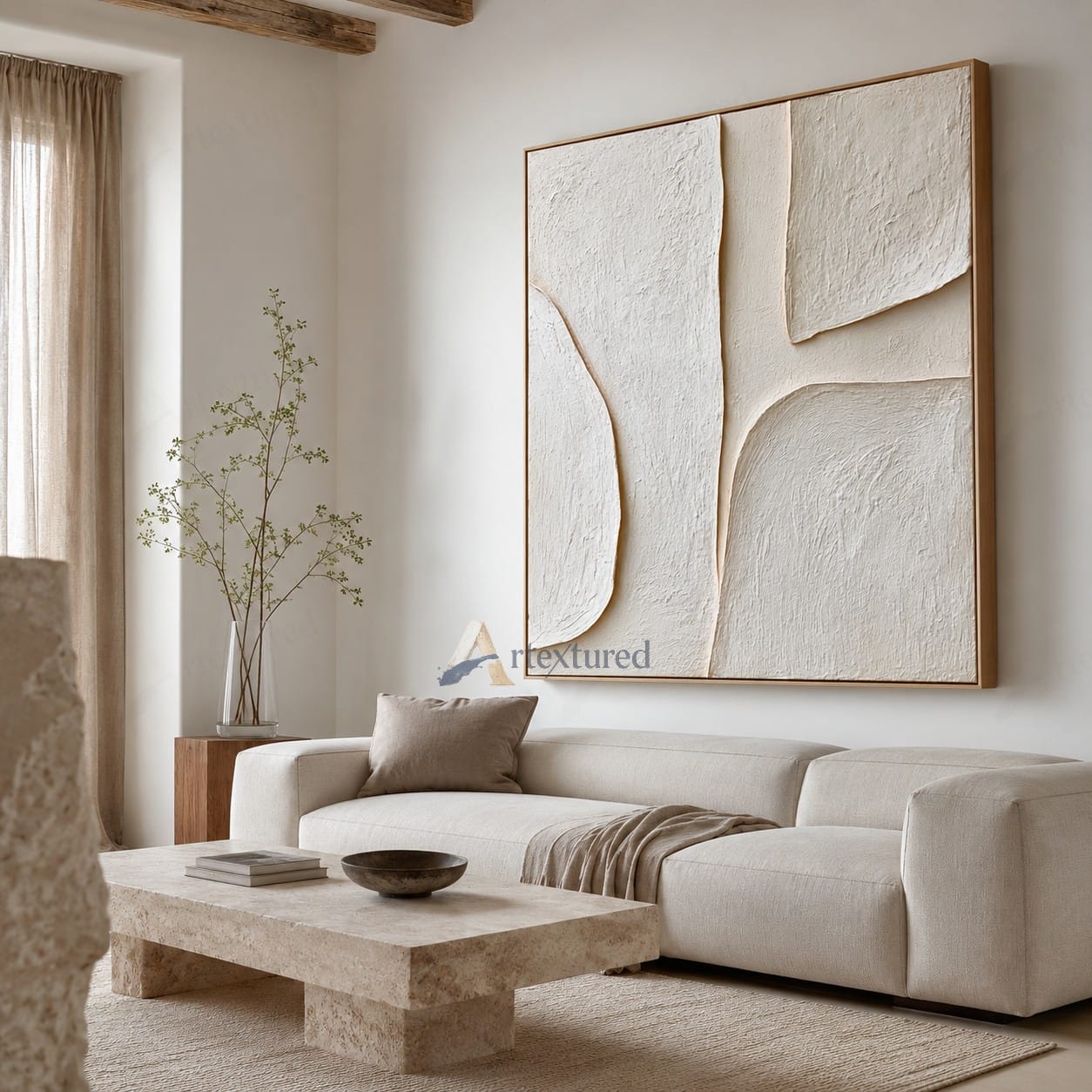 Minimalist Ivory Geometric Textured Wall Art – Hand-Painted Abstract Canvas#XW12010