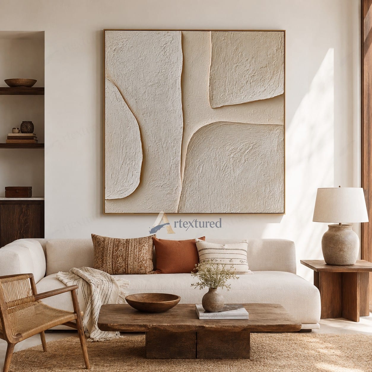 Minimalist Ivory Geometric Textured Wall Art – Hand-Painted Abstract Canvas#XW12010
