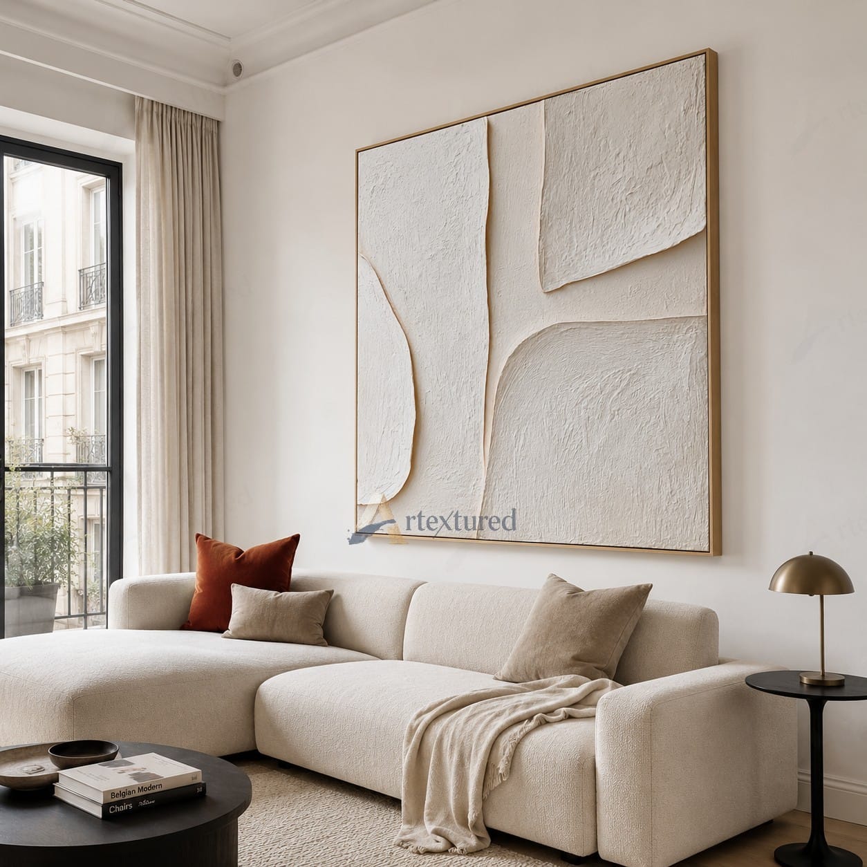 Minimalist Ivory Geometric Textured Wall Art – Hand-Painted Abstract Canvas#XW12010