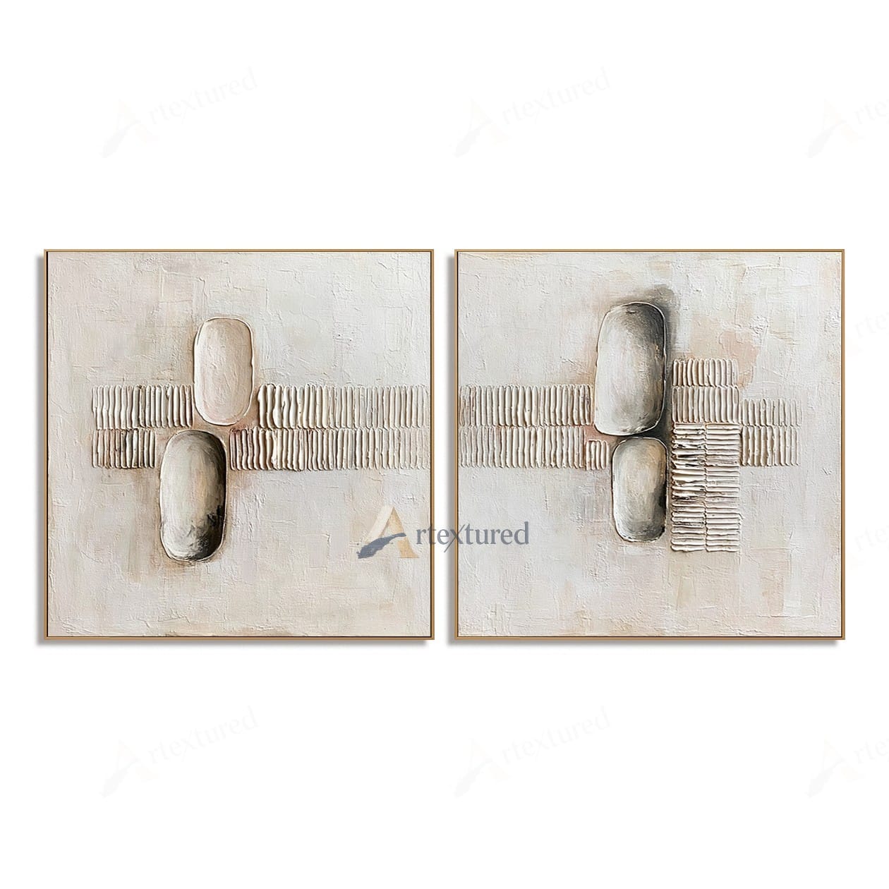 Minimalist Diptych Textured Wall Art – Hand-Painted Neutral Abstract Canvas#XW12011