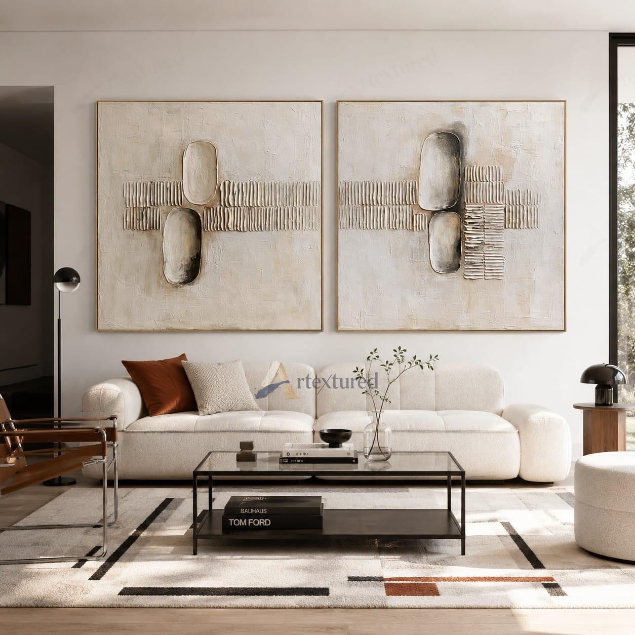 Minimalist Diptych Textured Wall Art – Hand-Painted Neutral Abstract Canvas#XW12011