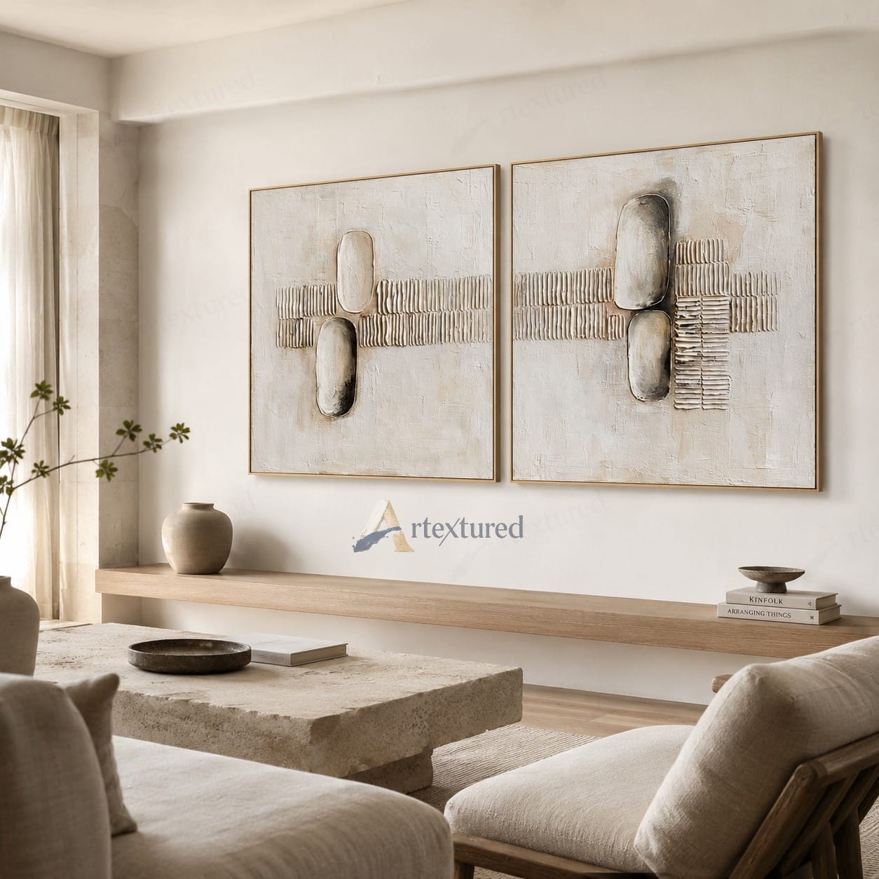 Minimalist Diptych Textured Wall Art – Hand-Painted Neutral Abstract Canvas#XW12011