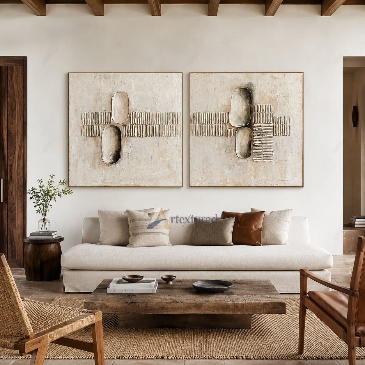 Minimalist Diptych Textured Wall Art – Hand-Painted Neutral Abstract Canvas#XW12011