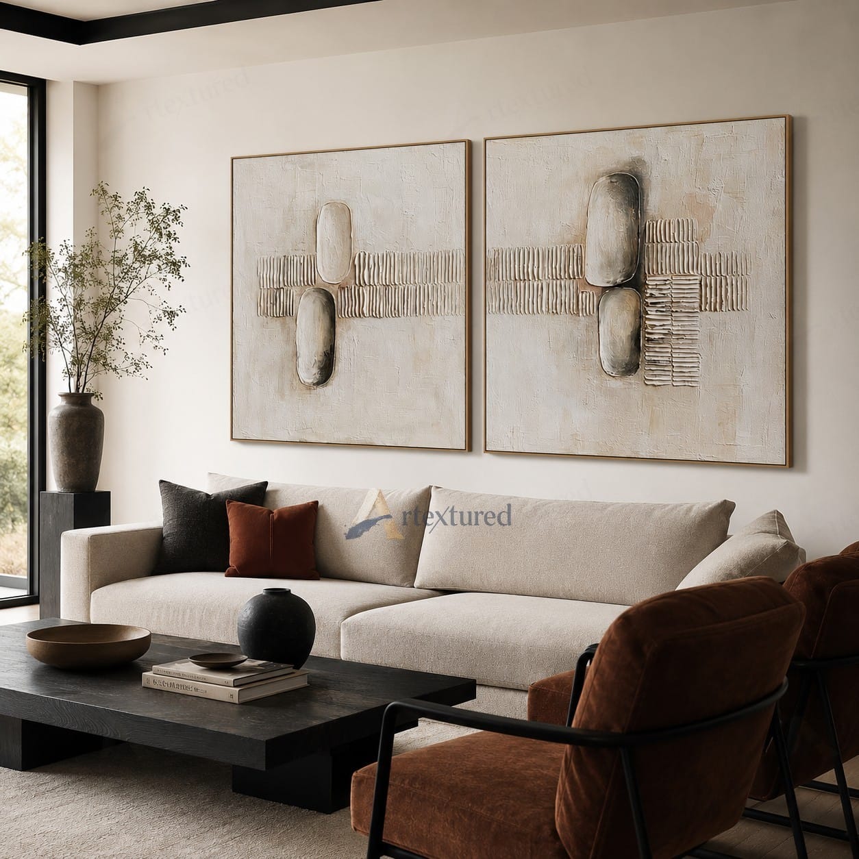 Minimalist Diptych Textured Wall Art – Hand-Painted Neutral Abstract Canvas#XW12011