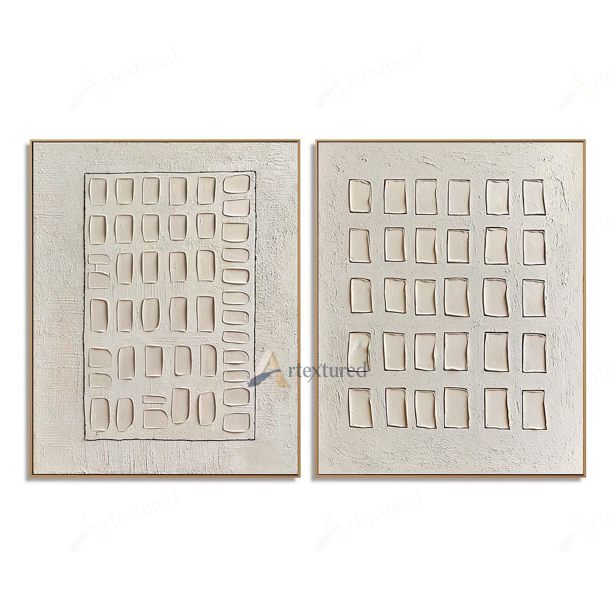 Minimalist Grid Diptych Textured Wall Art – Hand-Painted Neutral Canvas#XW12012