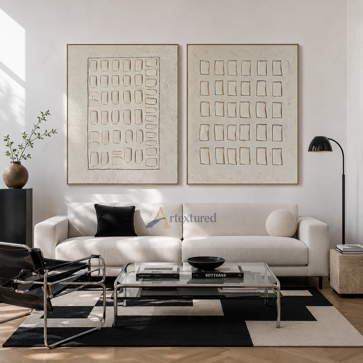 Minimalist Grid Diptych Textured Wall Art – Hand-Painted Neutral Canvas#XW12012