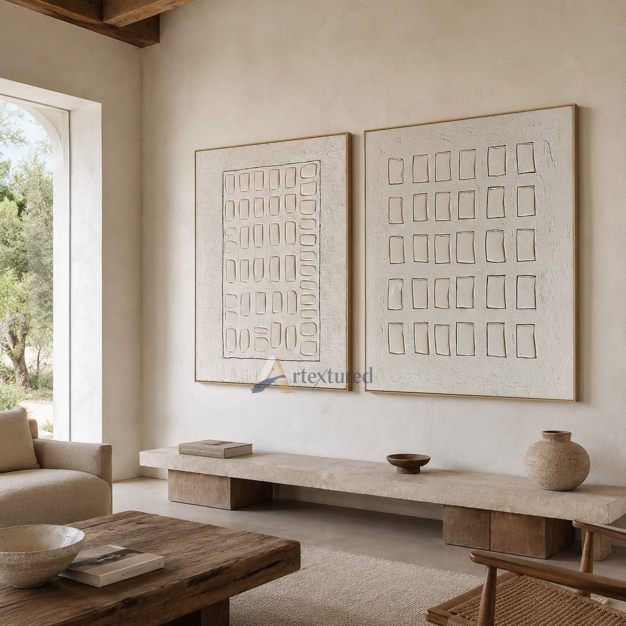 Minimalist Grid Diptych Textured Wall Art – Hand-Painted Neutral Canvas#XW12012
