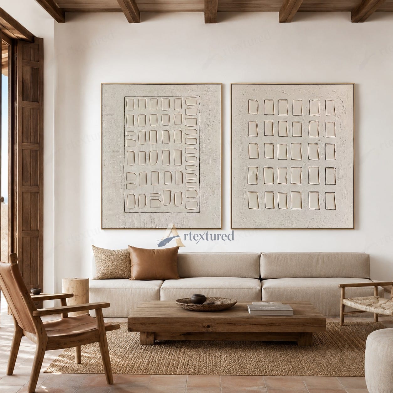 Minimalist Grid Diptych Textured Wall Art – Hand-Painted Neutral Canvas#XW12012