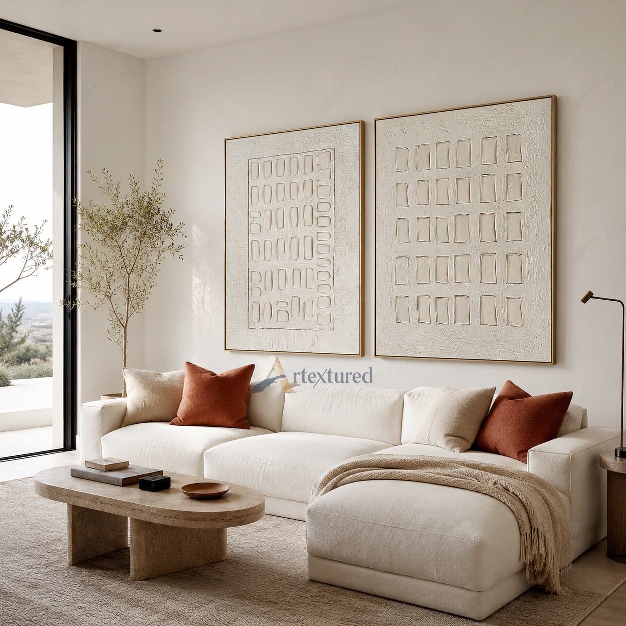 Minimalist Grid Diptych Textured Wall Art – Hand-Painted Neutral Canvas#XW12012