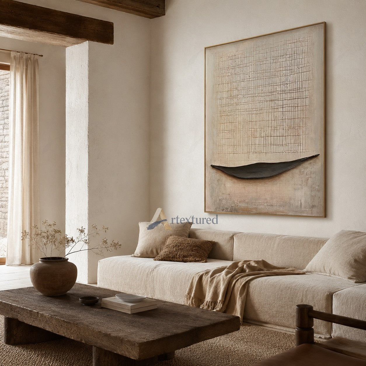 Minimalist Boat Textured Wall Art – Hand-Painted Neutral Abstract Canvas#XW12013