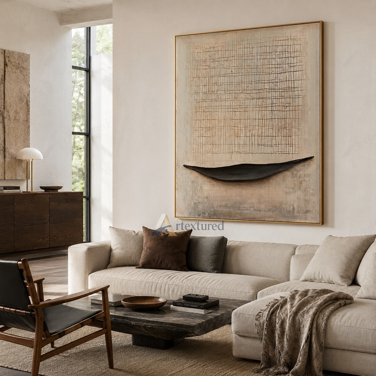 Minimalist Boat Textured Wall Art – Hand-Painted Neutral Abstract Canvas#XW12013