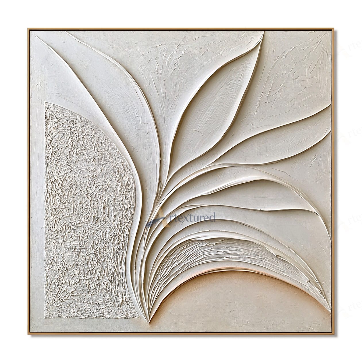 Minimalist Leaf Textured Wall Art – Hand-Painted Ivory Abstract Canvas#XW12014