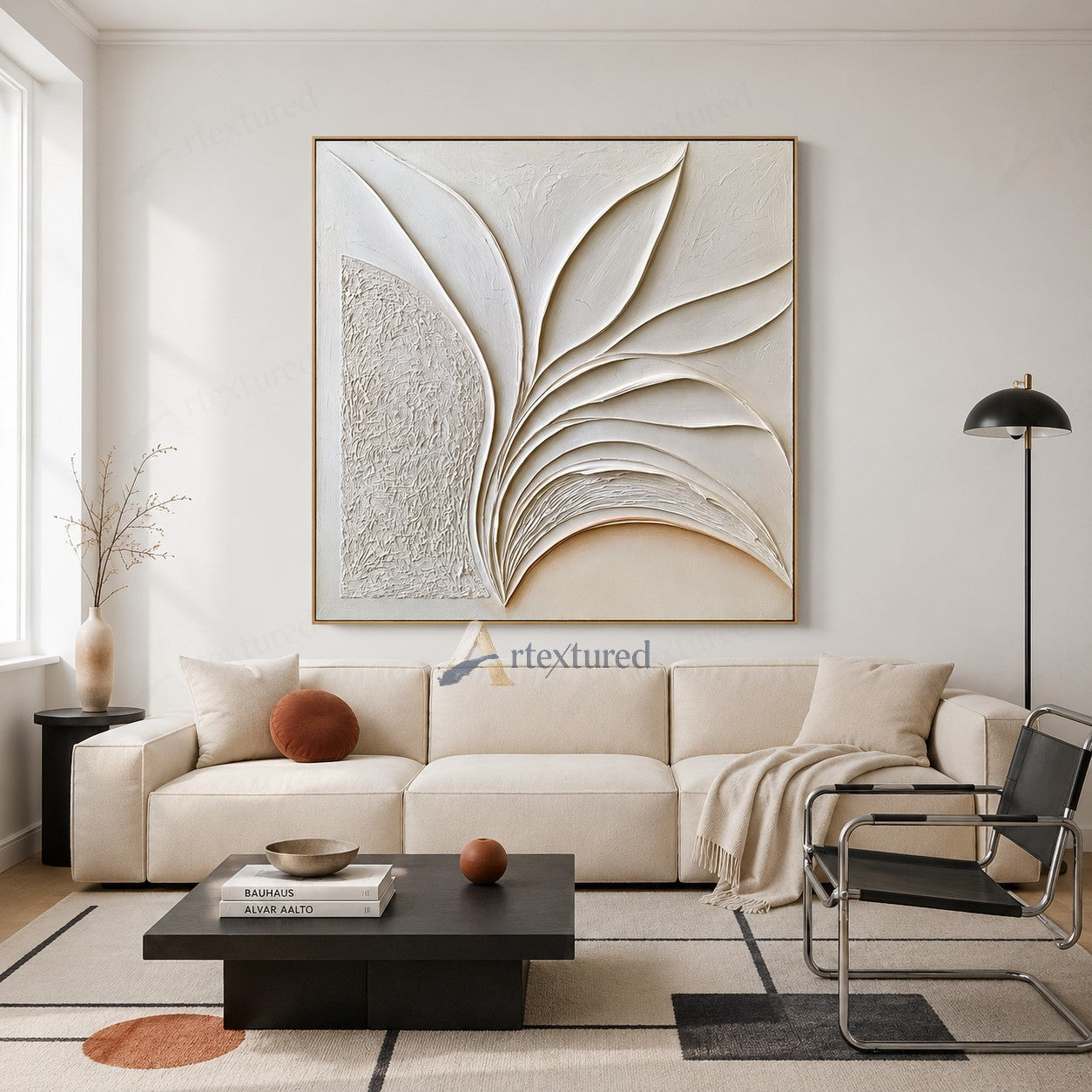 Minimalist Leaf Textured Wall Art – Hand-Painted Ivory Abstract Canvas#XW12014