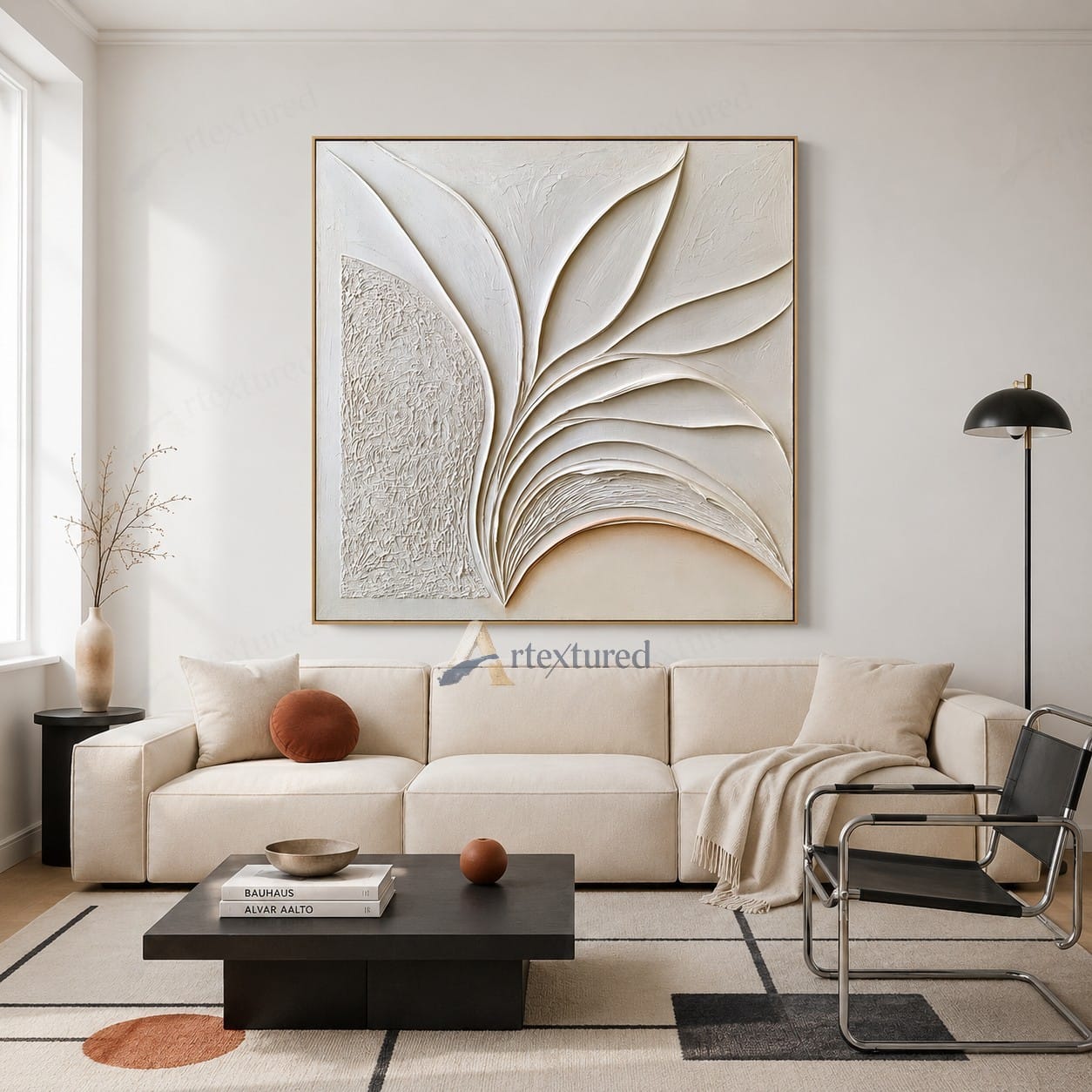 Minimalist Leaf Textured Wall Art – Hand-Painted Ivory Abstract Canvas#XW12014