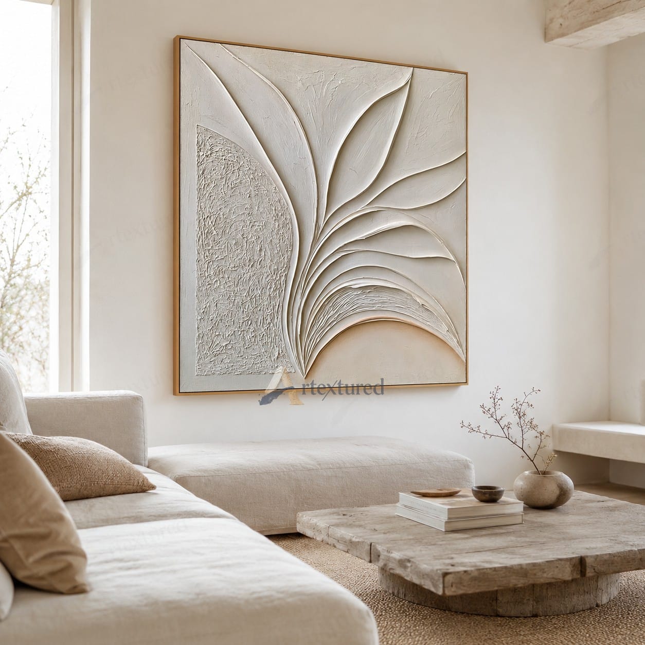 Minimalist Leaf Textured Wall Art – Hand-Painted Ivory Abstract Canvas#XW12014