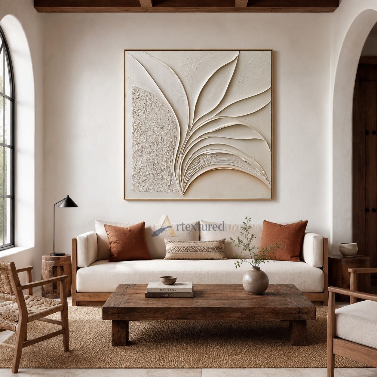 Minimalist Leaf Textured Wall Art – Hand-Painted Ivory Abstract Canvas#XW12014