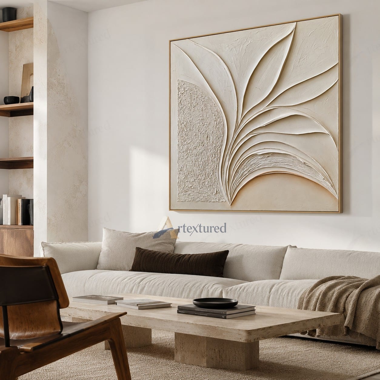 Minimalist Leaf Textured Wall Art – Hand-Painted Ivory Abstract Canvas#XW12014