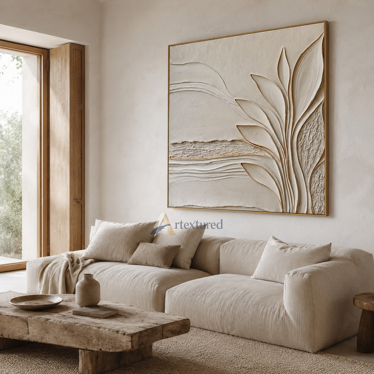 Minimalist Botanical Textured Wall Art – Hand-Painted Ivory Abstract Canvas#XW12015