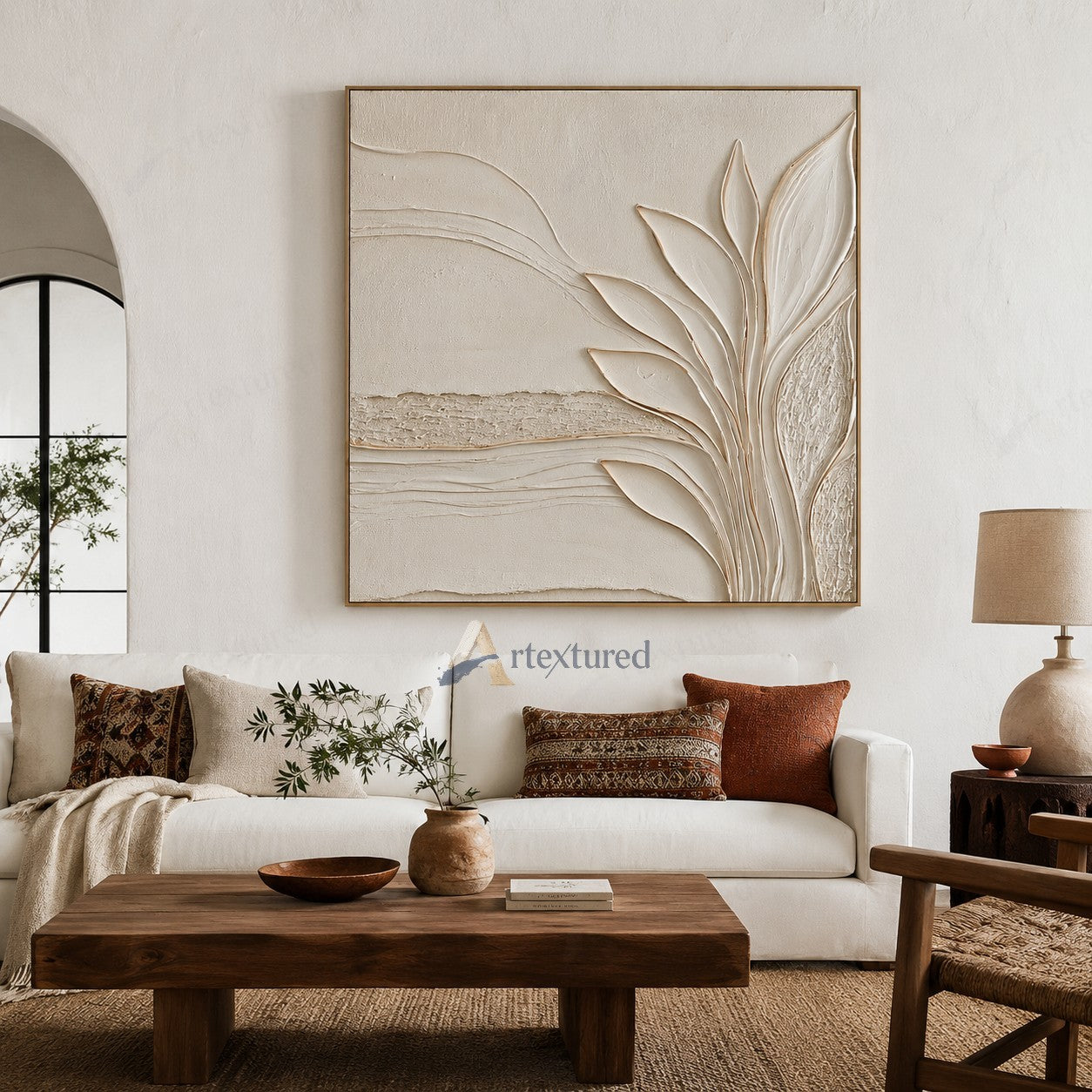 Minimalist Botanical Textured Wall Art – Hand-Painted Ivory Abstract Canvas#XW12015