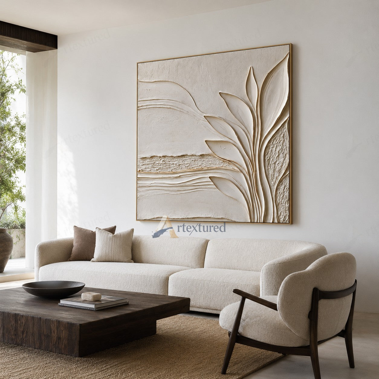 Minimalist Botanical Textured Wall Art – Hand-Painted Ivory Abstract Canvas#XW12015