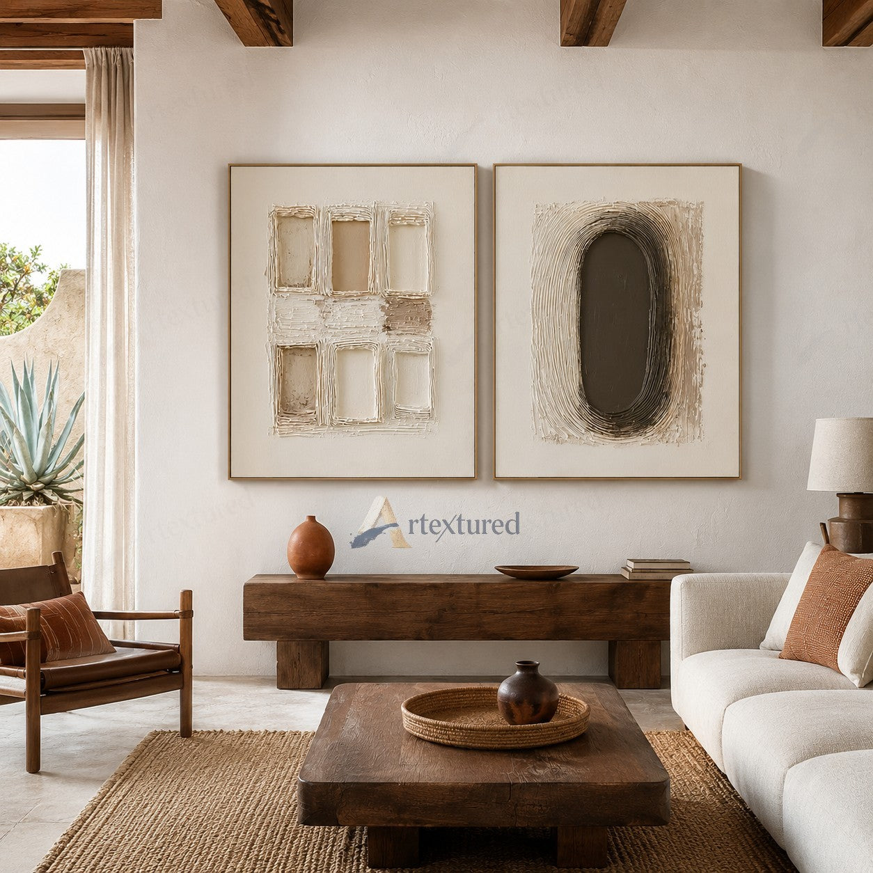 Minimalist Geometric Diptych Textured Wall Art – Hand-Painted Neutral Canvas#XW12016