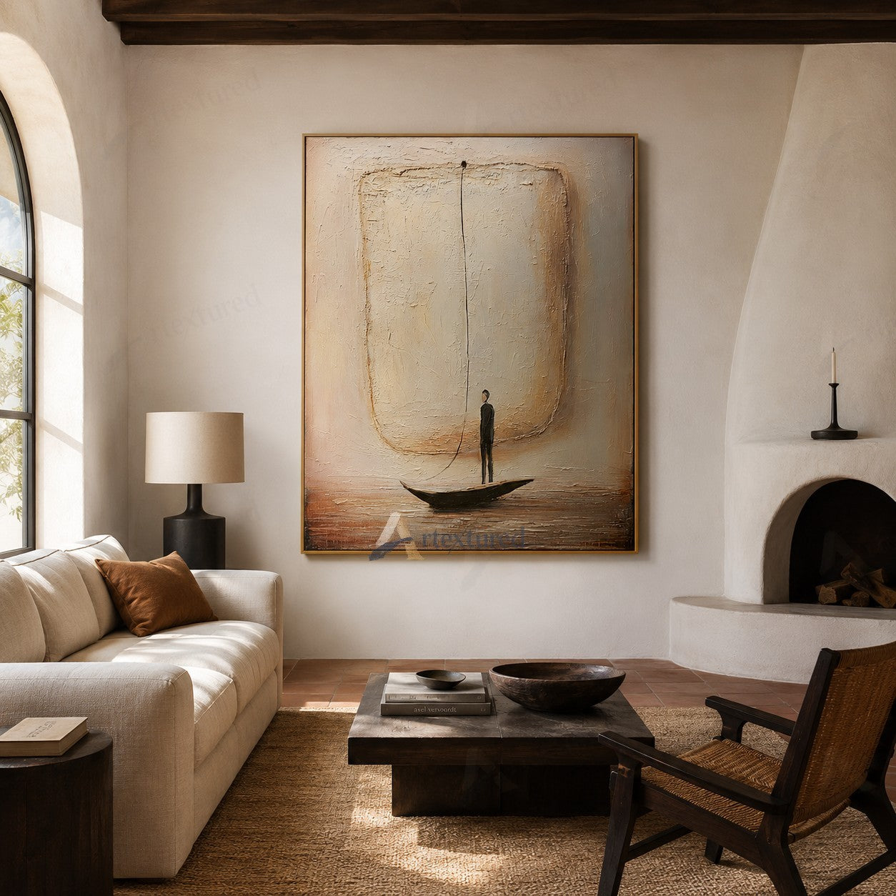 Minimalist Boat Figure Wall Art – Hand-Painted Neutral Abstract Canvas#wp261007