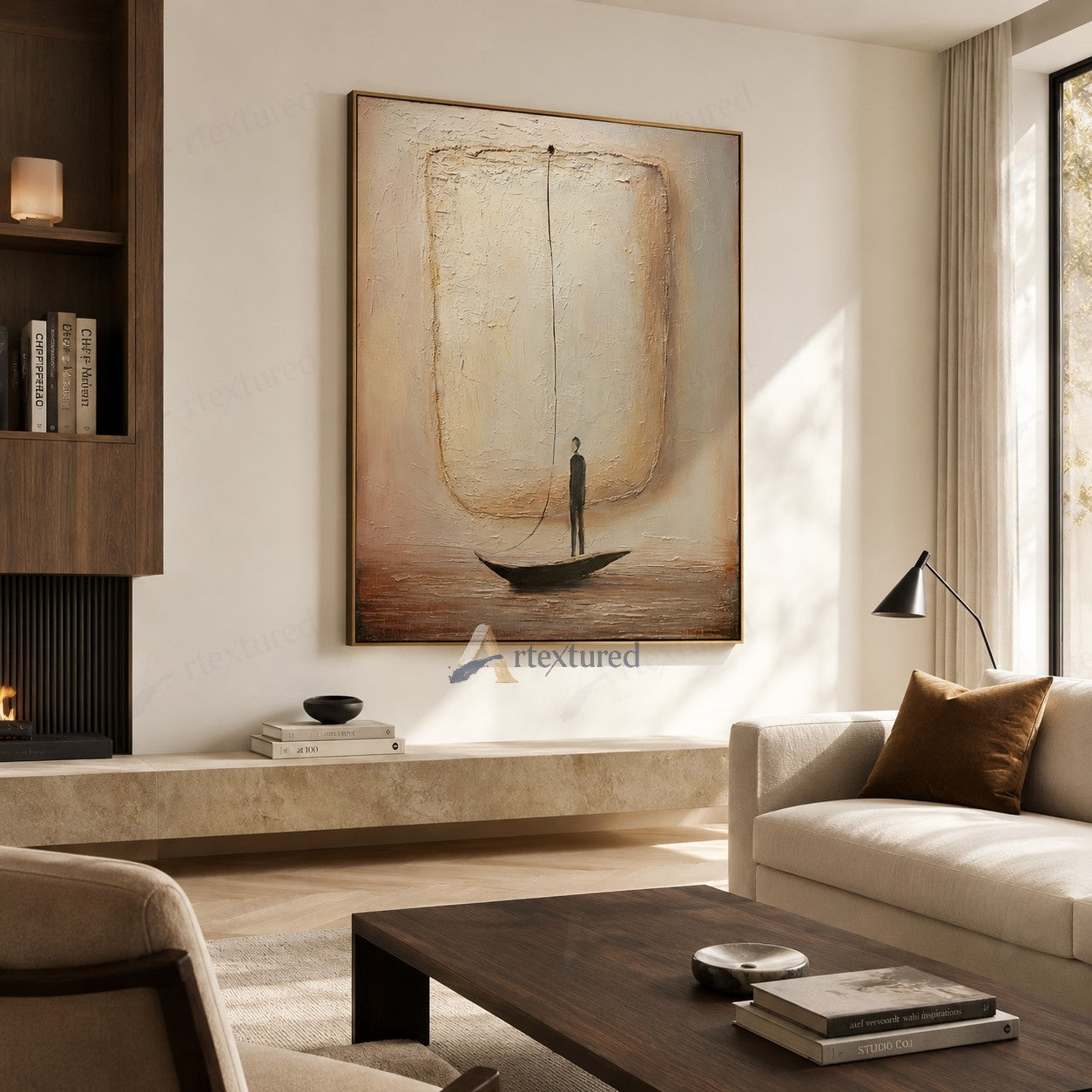 Minimalist Boat Figure Wall Art – Hand-Painted Neutral Abstract Canvas#wp261007