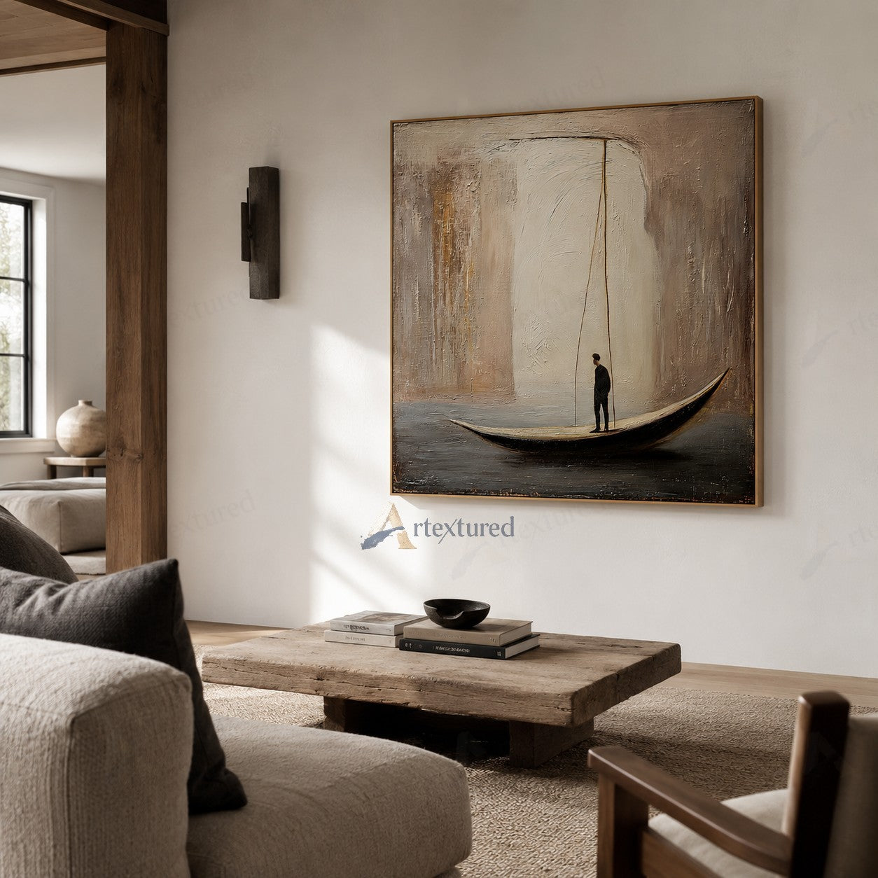 Minimalist Boat Figure Wall Art – Hand-Painted Neutral Abstract Canvas#wp261008