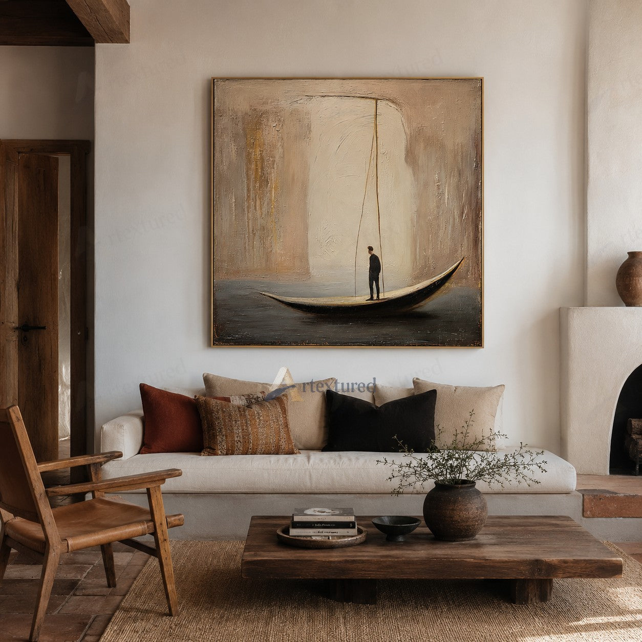 Minimalist Boat Figure Wall Art – Hand-Painted Neutral Abstract Canvas#wp261008