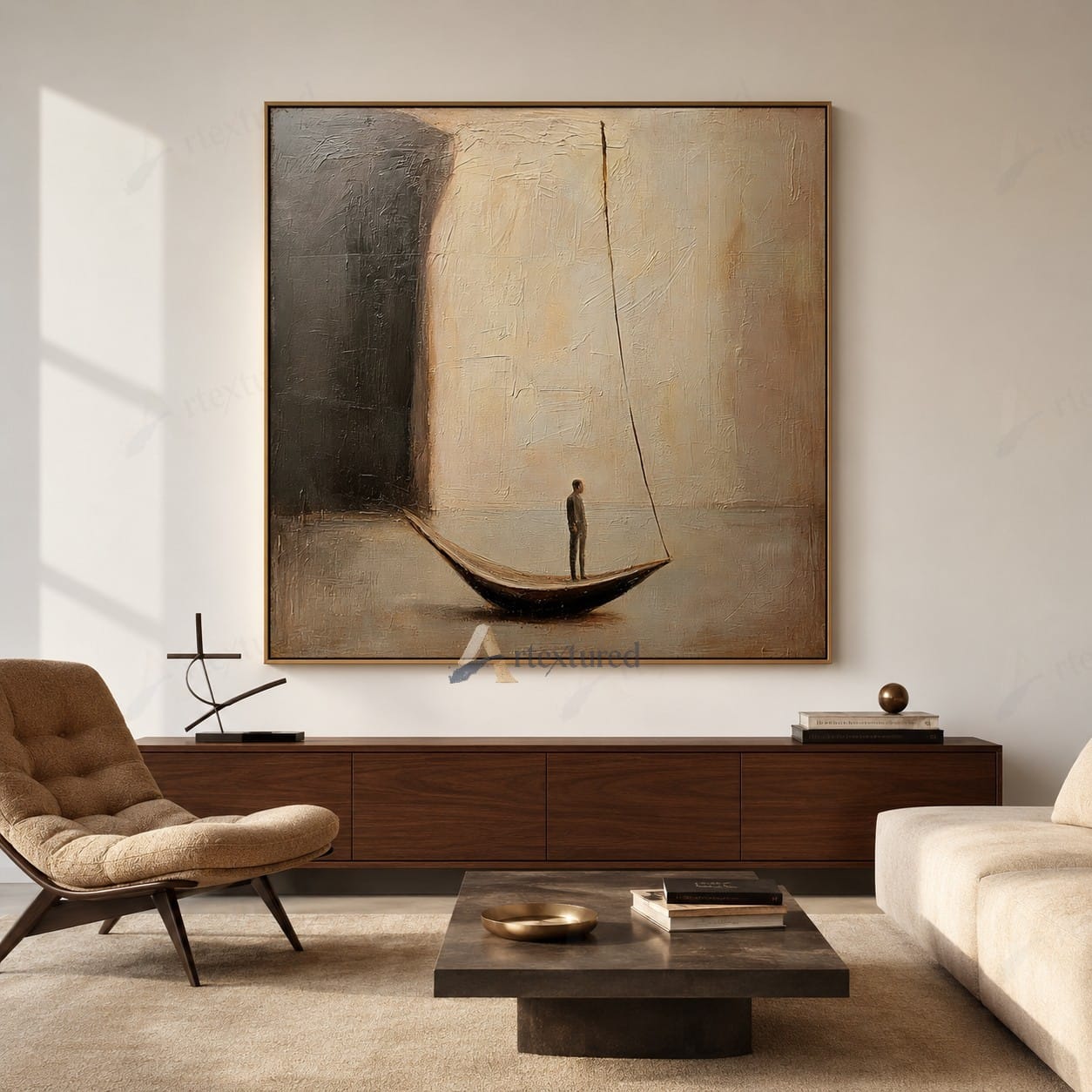 Minimalist Boat Abstract Wall Art – Hand-Painted Neutral Canvas#wp261009
