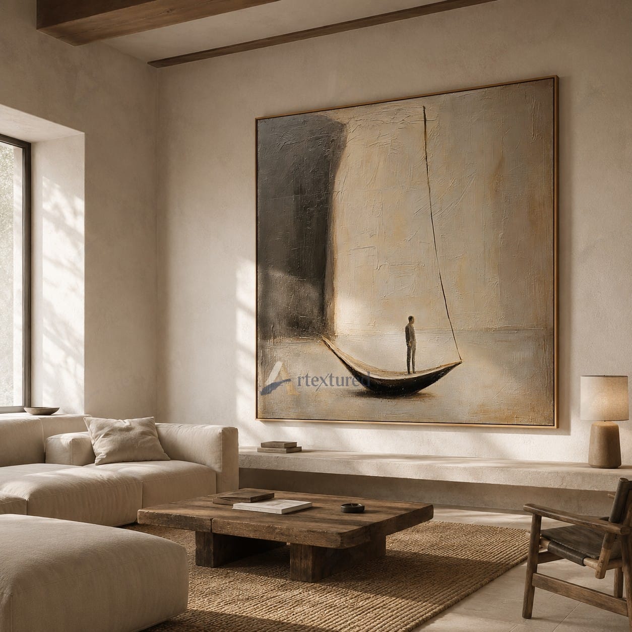 Minimalist Boat Abstract Wall Art – Hand-Painted Neutral Canvas#wp261009