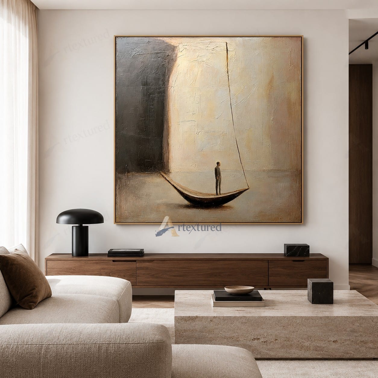 Minimalist Boat Abstract Wall Art – Hand-Painted Neutral Canvas#wp261009