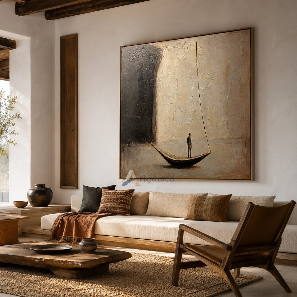 Minimalist Boat Abstract Wall Art – Hand-Painted Neutral Canvas#wp261009