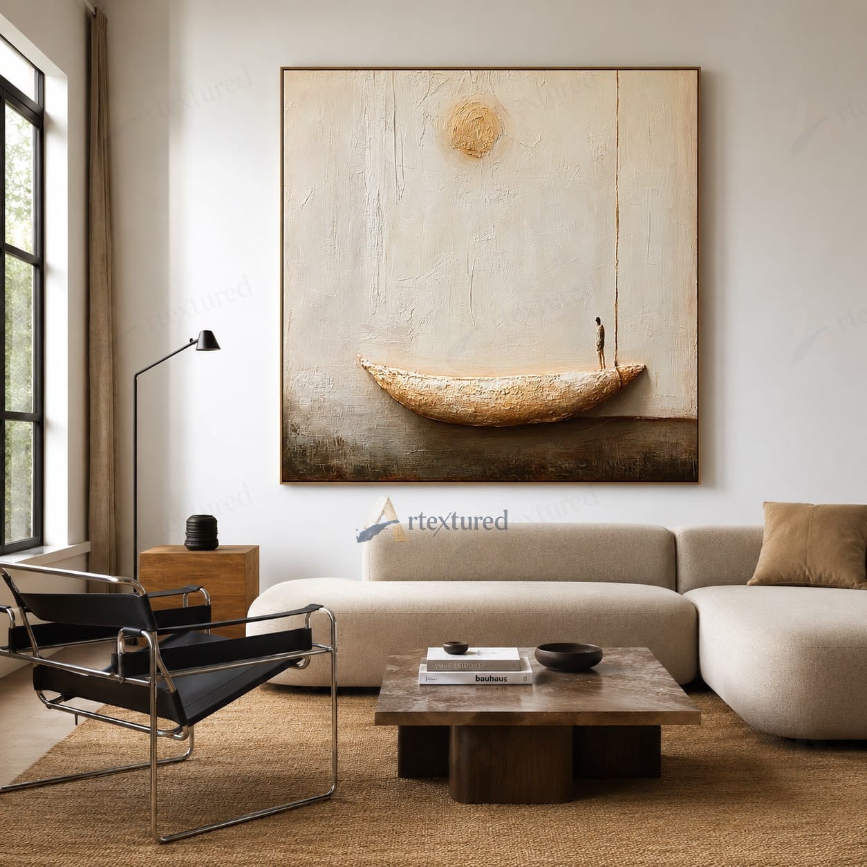 Minimalist Boat Sun Wall Art – Hand-Painted Neutral Abstract Canvas#wp261011