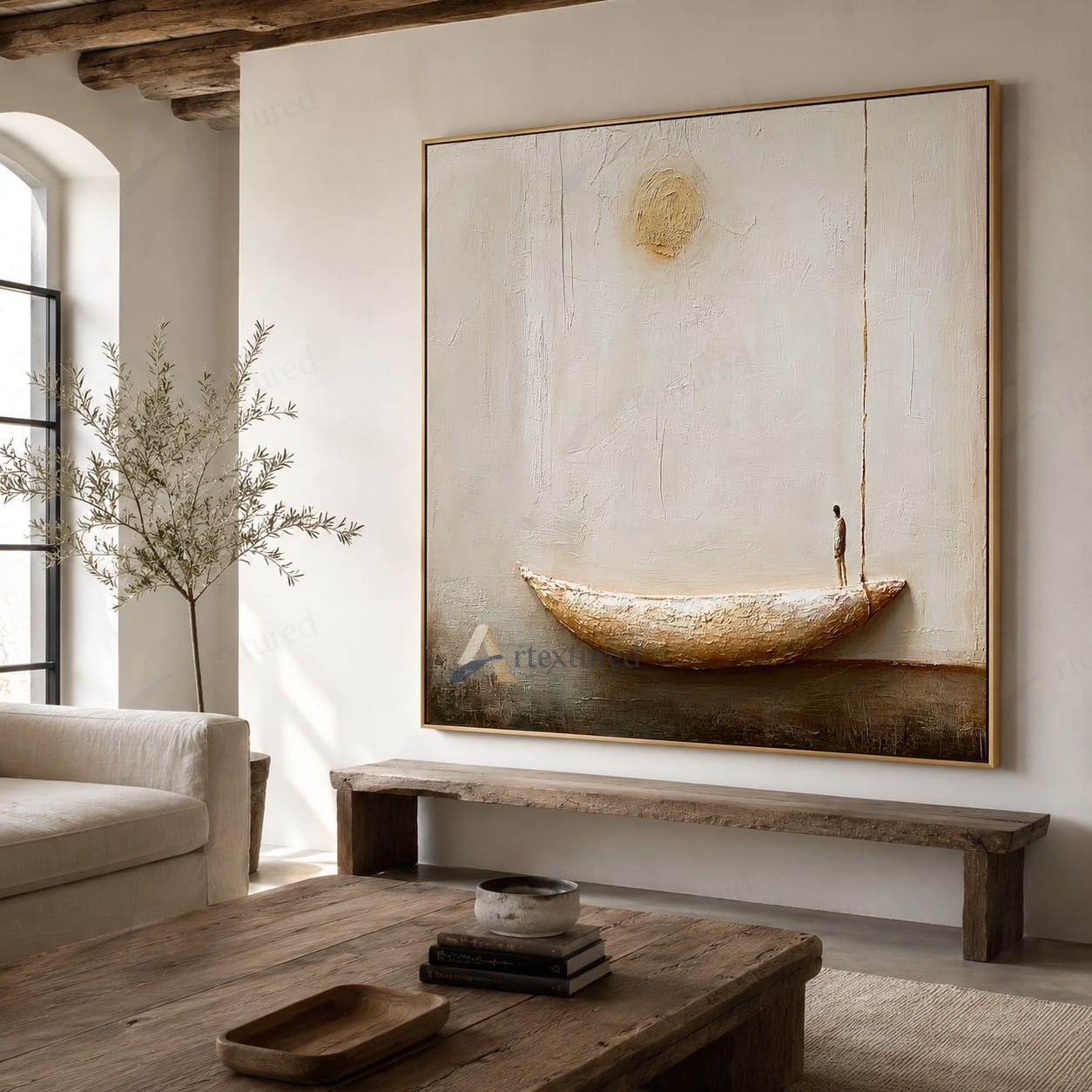 Minimalist Boat Sun Wall Art – Hand-Painted Neutral Abstract Canvas#wp261011