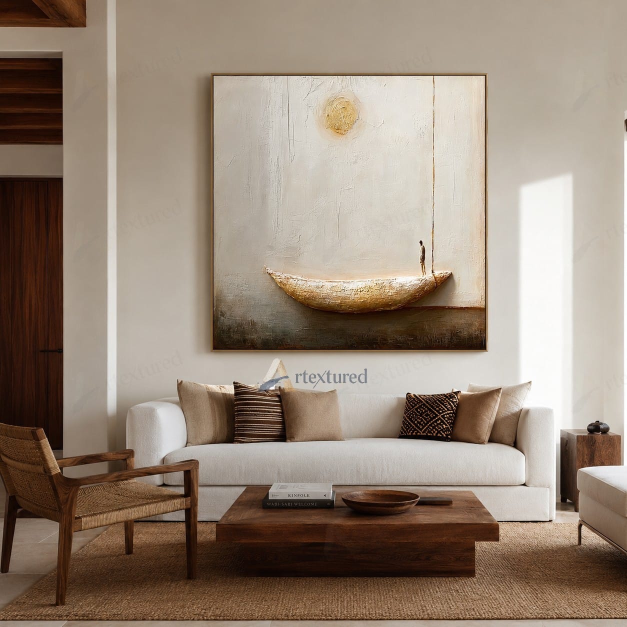 Minimalist Boat Sun Wall Art – Hand-Painted Neutral Abstract Canvas#wp261011